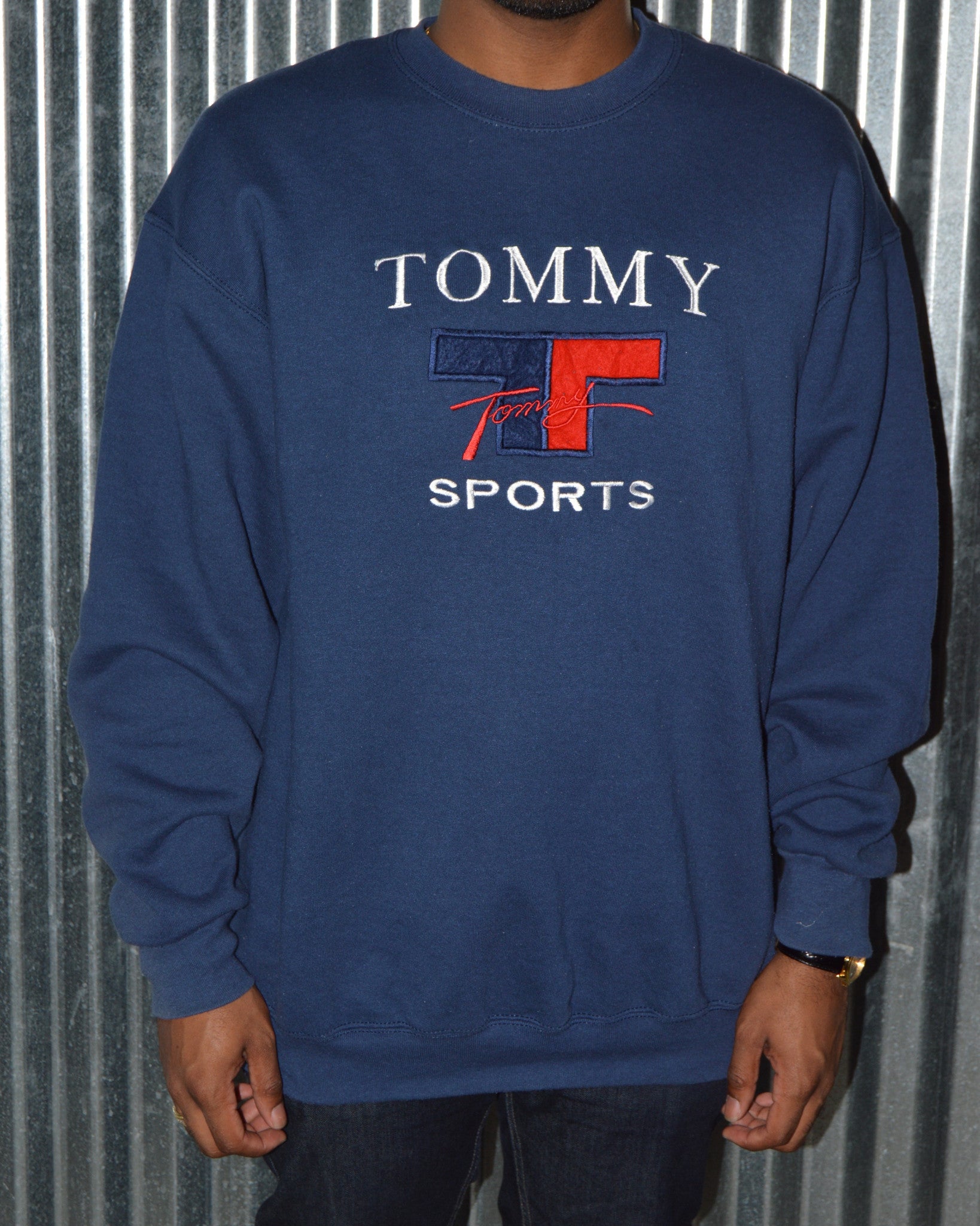 Vintage 90s Tommy Hilfiger Athletics Blue Satin Jersey Style Shirt