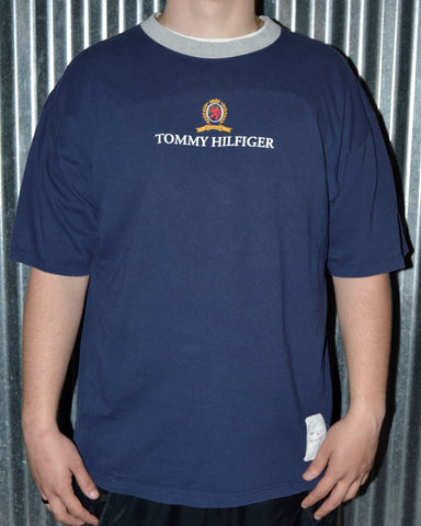 Vintage Navy Blue Tommy Hilfiger Crew Neck Crest Logo T-Shirt sz XL